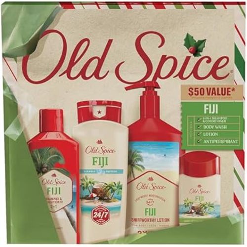 Old Spice Holiday Gift Pack for men, Fiji Scent, Body Wash, Antiperspirant and Deodorant, Aluminum Free Spray, 2 in 1 Shampoo, 24/7 Holiday Freshness, 4-pack, Gift Box for him, Holidude Edition