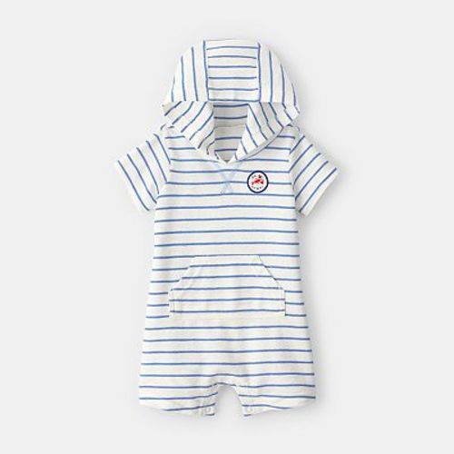 Baby Boy Carter's 'Oh Snap!' Lobster Stripe Short-Sleeve Hooded Romper