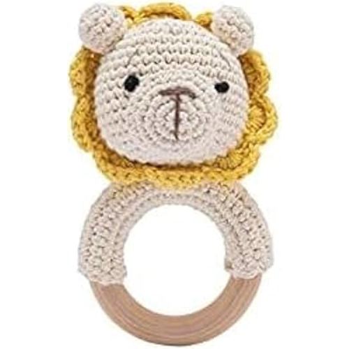 Wooden Baby Rattle Crochet Lion Baby Toys Handmade Newborn Toy Early Development Grips Stuffed Animal Organic Rattle