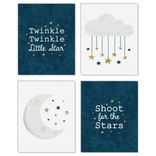 Big Dot of Happiness Twinkle Twinkle Little Star - Unframed Moon & Cloud Nursery and Kids Room Linen Paper Wall Art - Set of 4 Artisms - 8 x 10 inches