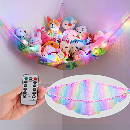 Unicorn Castle Stuffed Animals Net Hammock Toy Storage with LED Light Plush Toy Organizer Corner Hanging Stuffed Animals Holder For Nursery Room Decor