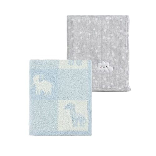 CREVENT 2Pcs 30''X40'' Cute Cozy Fluffy Warm Baby Blankets for Infants Toddlers' Bedding Crib Cot Stroller - Grey Cloud + Knit Animal Blue
