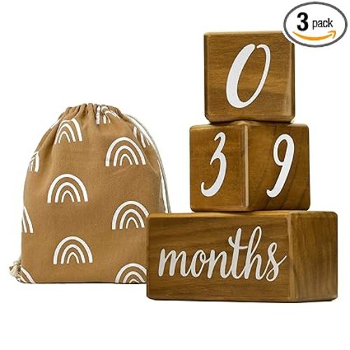 Pondering Pine Baby Milestone Blocks - Natural Pine Wood with Weeks Months Years Grade - Milestones Age Block Set with Boho Rainbow Bag, Newborn Weekly Monthly First Year Picture Props, Earth Friendly