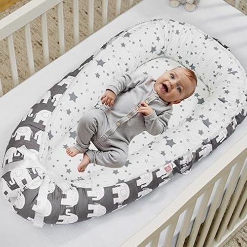 Baby Lounger, Newborn Lounger, Baby Nest Bed, Portable Baby Bed, Girl Boy Baby Essentials, Soft Breathable Portable Infant Lounger Essentials (Gray Elephant)