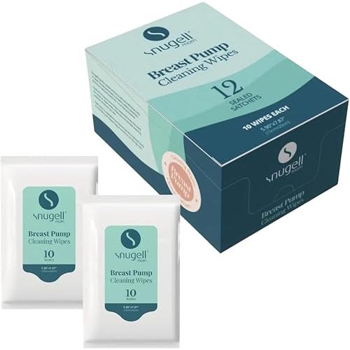Snugell Breast Pump Wipes, 120 Count (12 Individually Wrapped Packs) - No-Rinse, Hypoallergenic, Unscented Cleaning Wipes - Safe for Pump Parts, Bottles, Pacifiers and Accessories - Travel Friendly