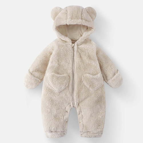 NAISIBABY Baby Winter Fleece Jumpsuit, Full Zip-Up Soft Hooded Thicken Warm Newborn Home One-Piece Romper Beige 0-3Months