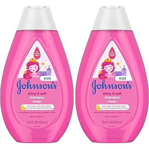Johnson's Baby Shiny Soft TearFree - Champú para niños con aceite de argán, proteínas de seda, fórmula sin parabenos, sulfato y colorantes, hipoalergénico y suave para cabello de niños pequeños, 13.6