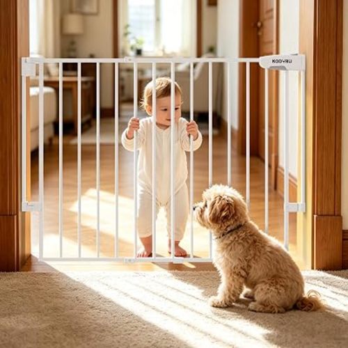 KDDYRU Baby Gate for Stairs, Kitchen & Doorways, 29-43" W 28" H No Bottom Bar – Hardware Mount Safety Dog/Pet Gate Indoor – One-Handed Auto-Close Walk-Thru Gate for Toddlers, Kids, Medium Dogs（White）