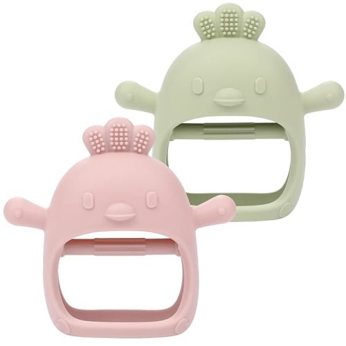 Baby Teething Toys, Soft Silicone Baby Teether Toys for 0-6 Months, Anti-Drop Hand Wrist Wearable Teether, Chew Toys for Sucking Needs, Baby Mitten Teether for Soothing Sore Gum - Pink&Green