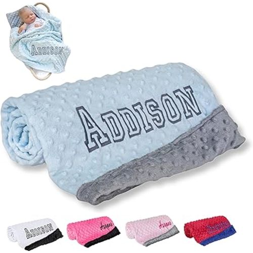 Personalized Baby Blanket for Boys, Newborn Soft Custom Blanket with Name - 30" by 40" Minky Blankets for Personalized Baby Gifts (Blue and Grey)