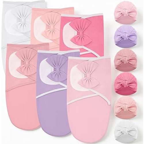 Ramede 6 Pack Swaddle Blanket with Hats Swaddle Outfit for 0-3 Months Newborn Sacks Soft Cotton Wearable Baby Shower Gifts for Girl and Boy