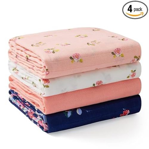 Momcozy Muslin Swaddle Blankets, 4-Pack Breathable and Skin-Friendly Receiving Blankets, Best Wishes Swaddle Blanket Shower Gifts & Baby Girl Newborn Essentials, Large 47"x47", Blooming Dream