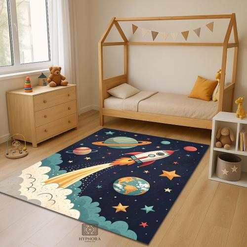 Retro Rocket Rug: Space Nursery Decor, Washable Kids Mat
