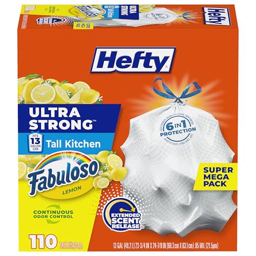 Hefty Ultra Strong 13 Gal Kitchen Trash Bags, White, Fabuloso Lemon, 110ct | Bulk Pack, 13G Tall White Trash Bags w/ Drawstrings for Kitchen, Resists Leaks, Punctures, Rips, Continuous Odor Control