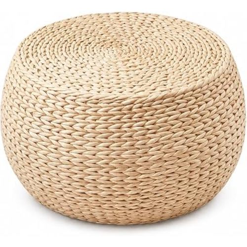 Small Straw Pouf Ottoman, Low Natural Footrest, Dia: 12.2"
