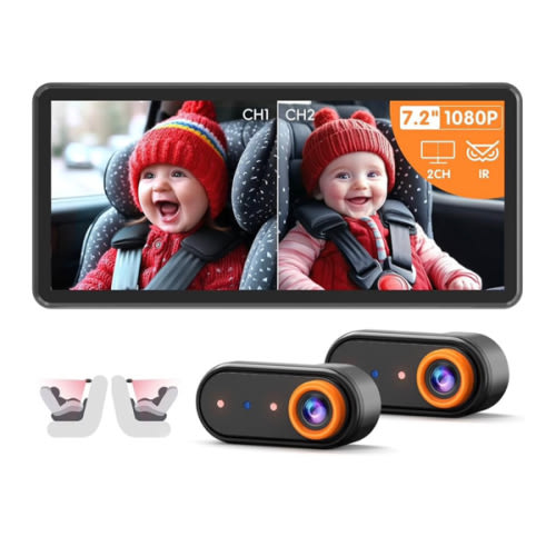 BM5PRO 7.2" 1080P HD Baby Car Camera for 2 Kids, Split Screen with IR Night Vision, Easy to Install & Adjust Brightness, Dual Car Camera Baby Monitor for Rear Seat Safety