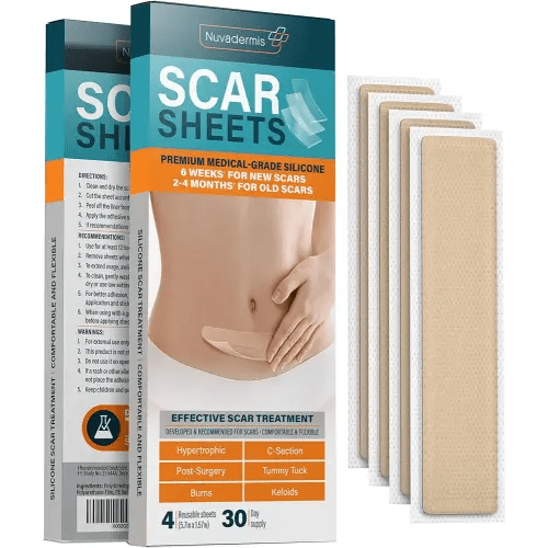NUVADERMIS Silicone Scar Sheets - Extra Long Scar Sheets for C-Section, Tummy Tuck, Keloid, and Surgical Scars - Reusable Medical Grade Silicone Scar Sheets - Pack of 4 - Light Tone