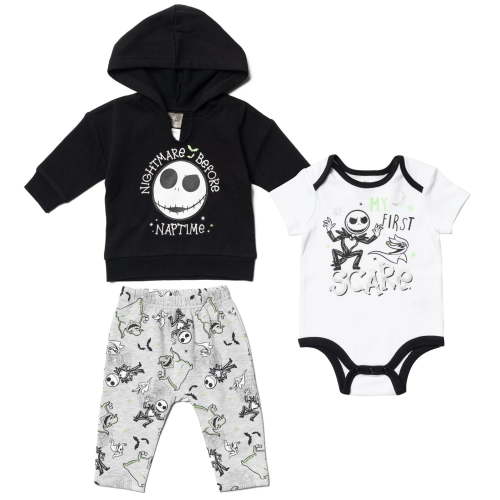 Disney Nightmare Before Christmas Jack Skellington Oogie Boogie Zero Fleece Pullover Hoodie Bodysuit and Pants 3 Piece Outfit Set Newborn to Infant
