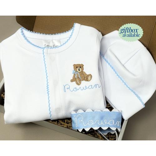 Monogram Baby Boy Footie Personalize Coming Home Outfit for Infant Organic Cotton Sleeper Set for Baby Shower Gift Bundle with Pacifier Clip