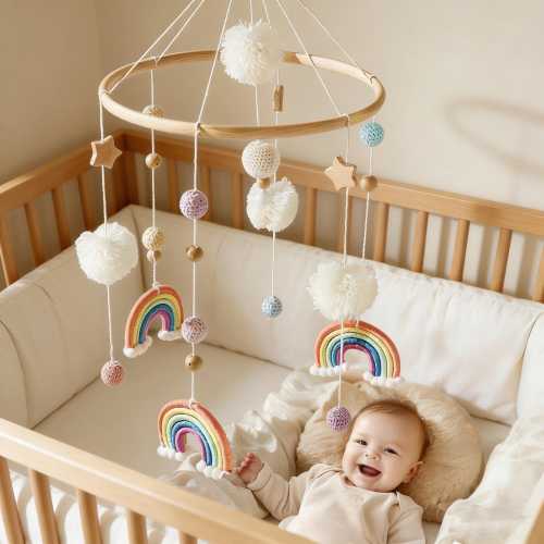 Rainbow Pom-Pom Crib Mobile,Baby Room Hanging Decoration, Colorful Nursery Gift for Newborns