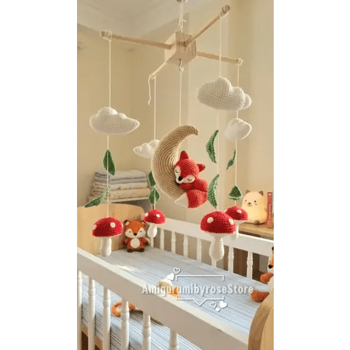 Personalized Woodland Fox Crochet Baby Mobile, Moon Mushroom Nursery Decor