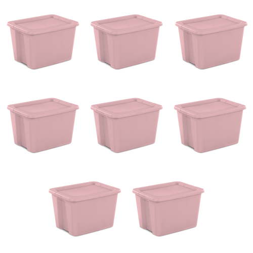 Sterilite Large Storage Bin, 18 Gallon Plastic Storage Container with Snap-On Lid, Light Pink, Pack of 8