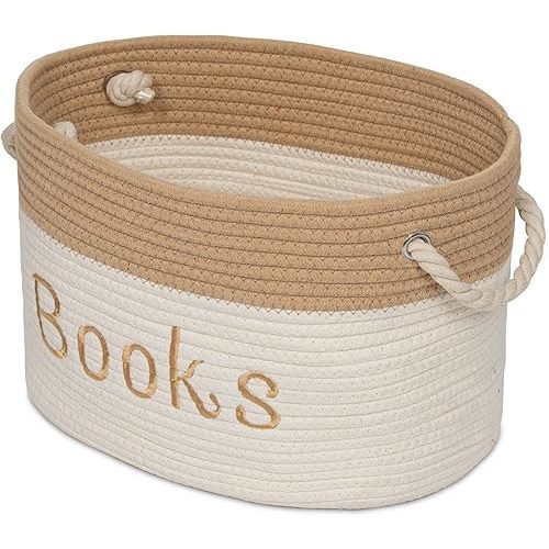 Rope Storage Basket - 15 x 11 x 9 Book Storage Bin - Embroidered Storage Bins - Tote Bin for Nursery, Playroom, Living Room, Classroom (Book Bin)