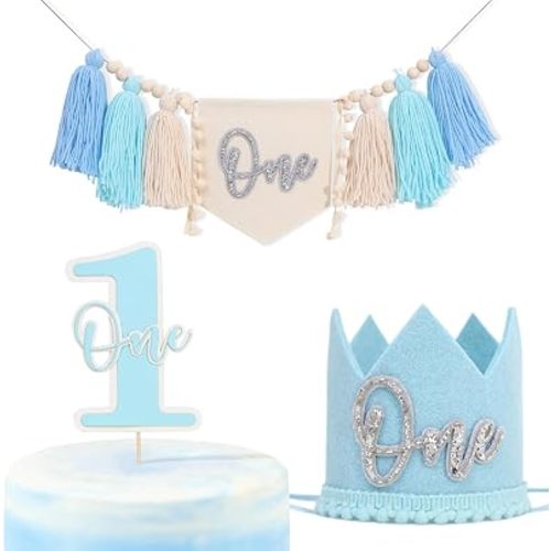 Blue One Birthday Party Decorations - Highchair Banner Cake Topper Crown Set,Ocean One Tassel High Chair Banner,Blue 1st Birthday Cake Topper,Ocean First Crown Photo Props