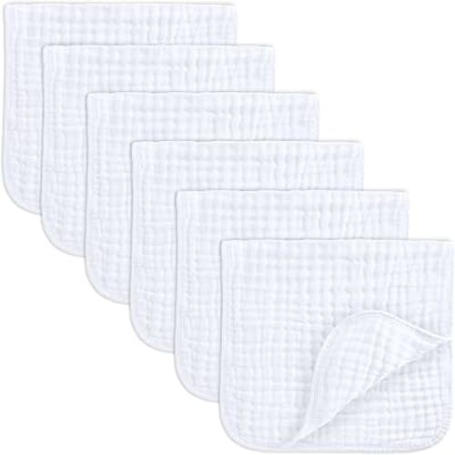Comfy Cubs Muslin Burp Cloths 20x10" 6 Pack, Baby Burp Cloths - White