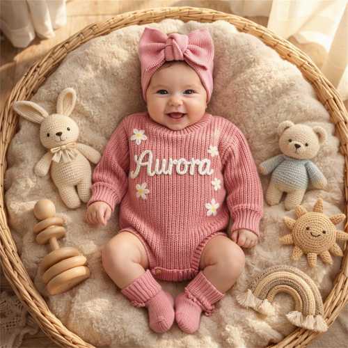 Hand Embroidered Name Baby Romper Set,Personalized Outfit, Baby Girl Romper, Coming Home, Organic Cotton Knit,Gender Neutral