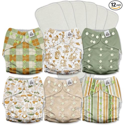 Mama Koala 3.0 Pocket Cloth Diapers for Babies with AWJ Lining, 6 Pack with 6 5-Layer Natural Cloth Diaper Inserts - Reusable and Washable Pocket Diapers(A-Mushrooms)