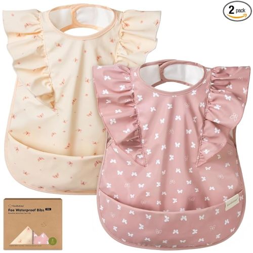 KeaBabies Waterproof Bibs for Baby Girl,Boy – 2-Pack Lightweight, Large Baby Bibs for Eating, Wearable Food Catcher, 6-12 Months Infant Feeding Essentials, Smock for Toddlers 1-3, Kids (Butterflies)