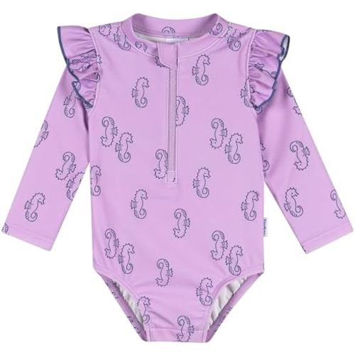 Gerber Baby and Toddler Girls Long Sleeve Swimsuit, Purple Seahorses, 3-6 Months