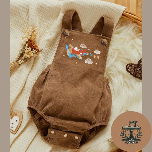 Embroidered Airplane Baby Romper: Cotton Corduroy Outfit