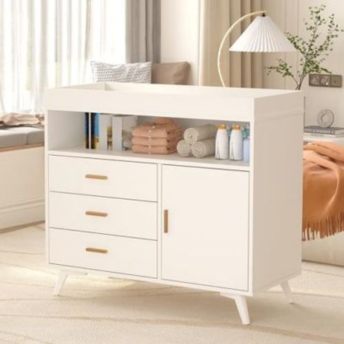 GustoWave Wooden Diaper Changing Table, 3-Drawer Changer Dresser with Safety Belt and Rails, Dresser with Changing Table Top, Dresser for Nursery