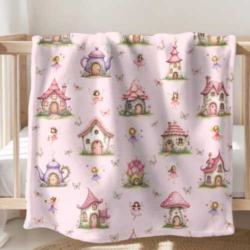 Fairy Cottage Baby Blanket, Whimsical Fairy Tale Nursery Decor, Fairy Garden Baby Shower Gift, Pink Fairy Houses & Butterflies Toddler Gift