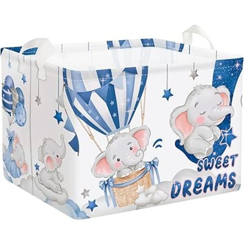 Sleeping Animals Baby Laundry Hamper Collapsible Clothes Kids Storage Basket Large Boys Girls Gift Toy Box Bin for Nursery, Elephant, 36L