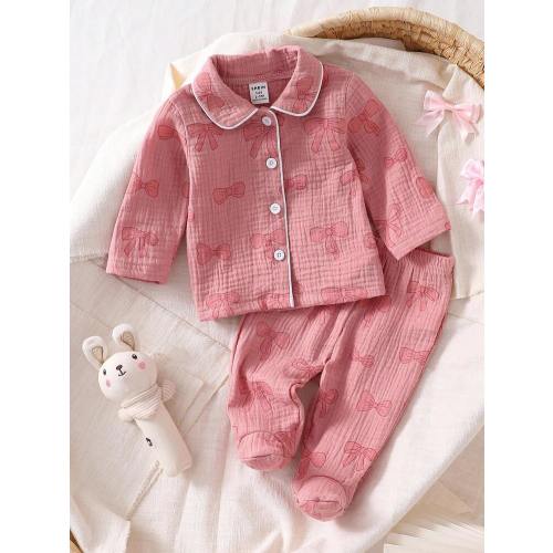 2pcs Newborn Baby Girls' Cute Bow Pattern Long Sleeve Top And Pants Casual Comfortable Pajamas Set Baby Girl Pajama Set With Bows Cotton Baby Clothes Fall Winter | SHEIN USA
