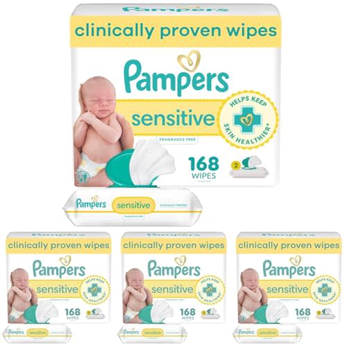 Pampers Sensitive Baby Wipes, Clinically Proven, Fragrance Free, Unscented, Water Based, Hypoallergenic, Multi-Use, Hand Wipes 168 Wipes Total (2X Flip-Top Packs) [Packaging May Vary] (Pack of 4)