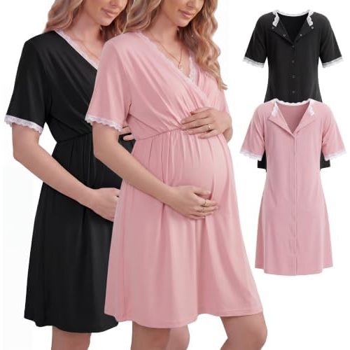 Cutecrop 2 Pack Labor and Delivery Gown for Hospital Maternity Nursing Button Back Gown Short Sleeve Breastfeeding Dress