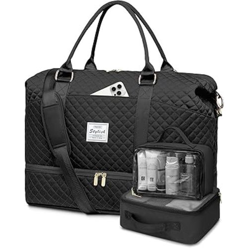 Large Women Travel Duffle Bag - Carry on Overnight Bags Weekend Travel Duffel Tote with Wet Pocket Weekender for Travel Business Trips Sports Hospital Black 3 Pcs Set