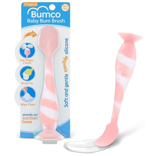Bumco Baby Bum Brush - BPA-Free Diaper Cream Spatula with Suction Cup Base, Soft & Flexible Silicone, Wipe-Clean, Mom-Invented Diaper Bag Essentials (Light Pink Swirl)