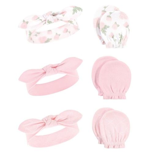 Hudson Baby Infant Girls Cotton Headband and Scratch Mitten 6pc Set, Roses, 0-6 Months