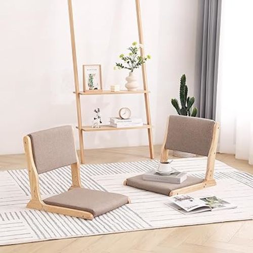 Tiita 2Pcs Floor Games Chair, Foldable Meditation Tatami Chairs, Backrest Chair with Cushion, Living Room Chair Seat, Wood Grey
