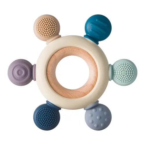 Baby Teething Toys Silicone Teethers BPA Free Silicone Rudder with Wooden Ring Soothe Babies Gums (Gray)