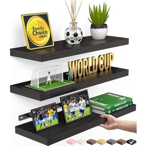 BAYKA Floating Shelves for Wall, Wall Mounted Rustic Wood Shelves for Bathroom, Bedroom, Living Room, Kitchen, Hanging Shelf for Books/Storage/Room Decor with 22lbs Capacity (Black, Set of 3, 15.7in)