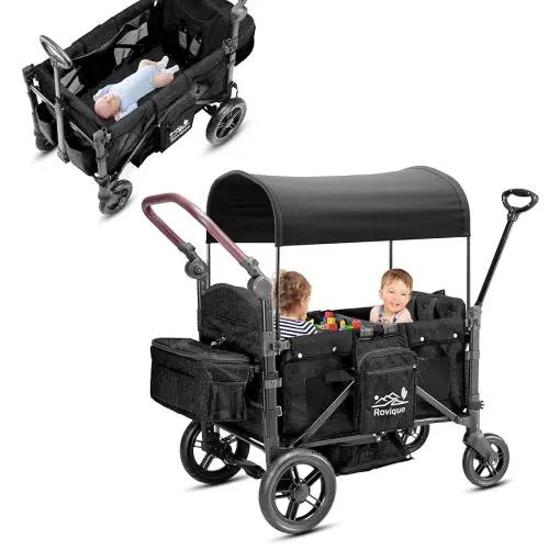 Wagon Stroller for 2 Kids,Premium Wagon for Kids with Removable Canopy,Snack Tray,All-Terrain PU Wheels & Adjustable Push/Pull Handle (Black)