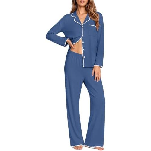 Ekouaer Pajamas for Women Set Long Sleeve Lounge Set Soft Button Down Pjs