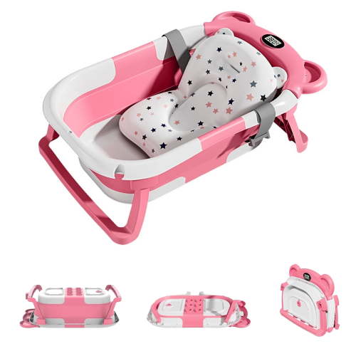 Kynorva Collapsible Baby Bathtub with Built-in Water Thermometer, Foldable Infant Bath Tub with Soft Star Support Cushion, Portable Travel Bath Tub for Newborn to Toddler, Pink Bear Design