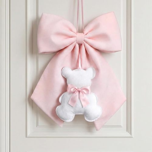 Sureio Large Pink Bow Decor with Teddy Bear Coquette Pink Bow Fabric Hanging Wall Art Cute Door Decorations 14 x 12 Inch for Dorm Bedroom Nursery Apartment Door Indoor Outdoor Baby Shower Decor